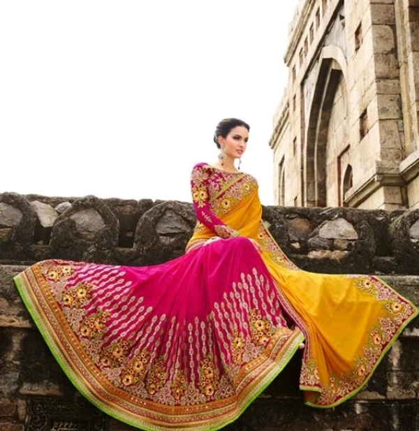  Heavy Embroidered Georgette Multicolour  Saree With Separate  Blouse  for Marriage and party Wear - Yellow/Pink